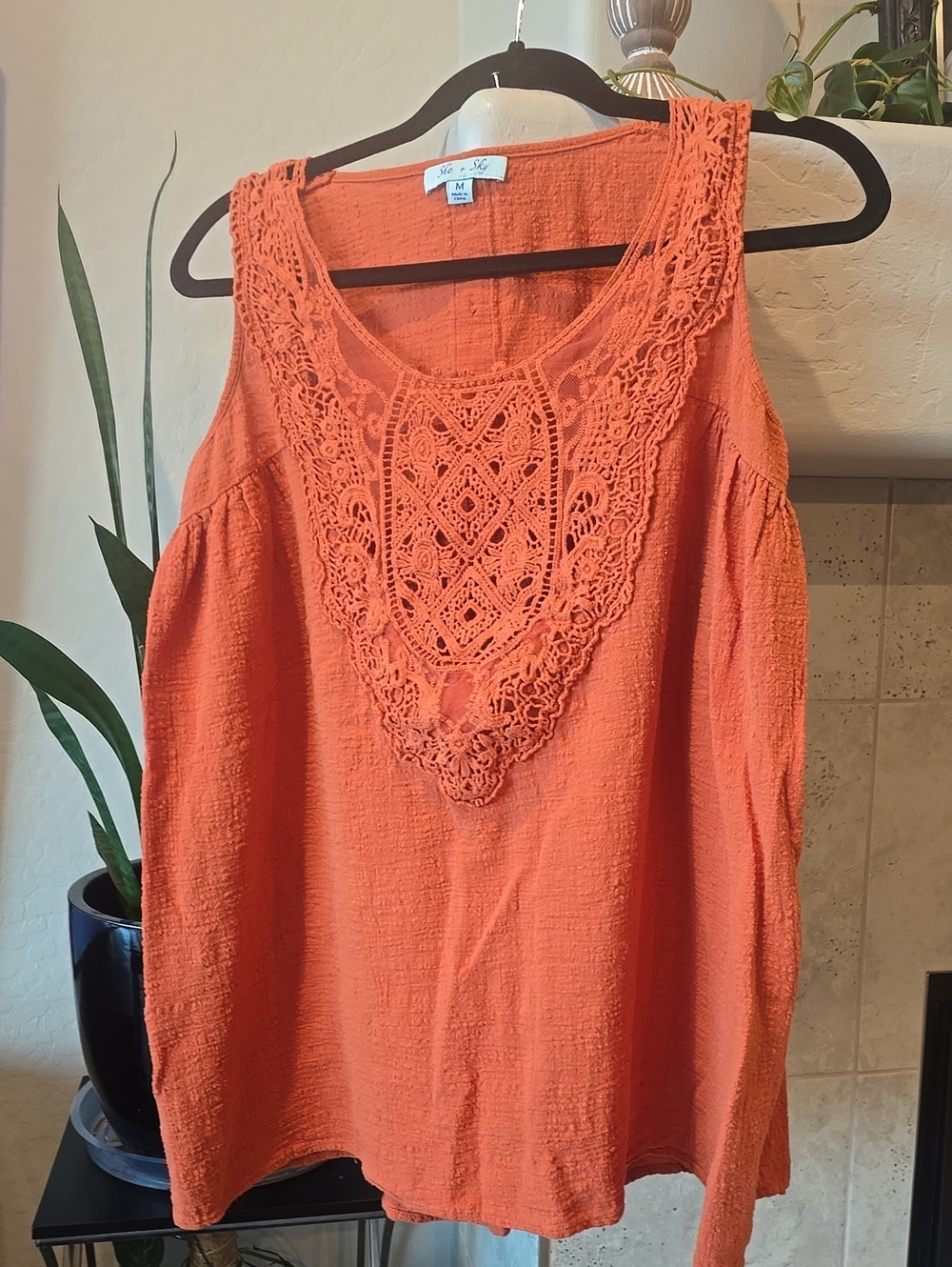 She + Sky Orange Crochet Yoke Tank Top